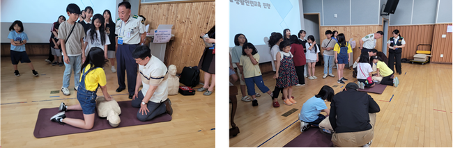 심폐소생술과 AED(자동심장충격기) 사용법에 대해 학생들이 사용법을 익히고 있다.