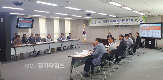29일 수원시청 상황실에서 열린 ‘2017년 하반기 지방세·세외수입 체납액 징수대책 보고회’ 모습ⓒ경기타임스