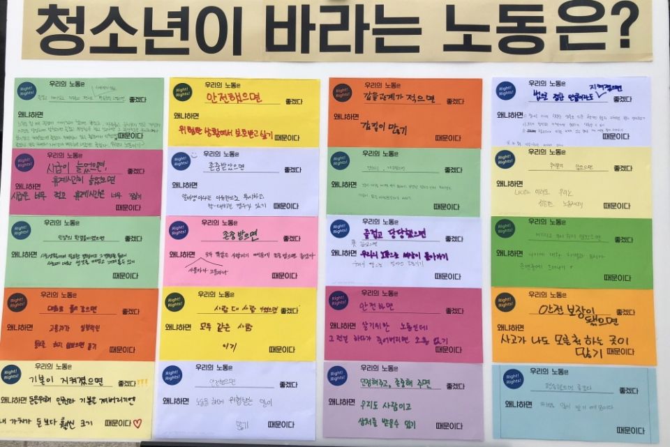 지난 9월 성남시청소년재단이 실시한 청소년노동인권 교육에서 청소년이 바라는 노동의 모습들 지난 9월 성남시청소년재단이 실시한 청소년노동인권 교육에서 청소년이 바라는 노동의 모습들