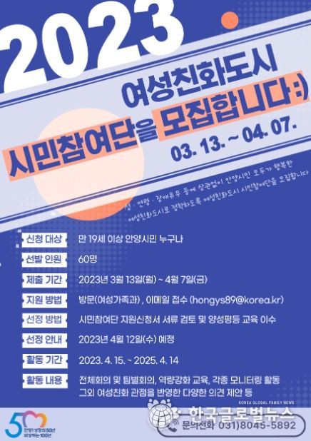 안양시, 여성친화도시 시민참여단 모집