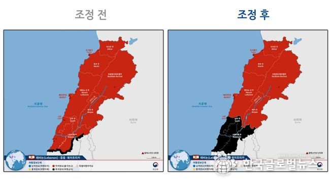 여행경보단계 조정 전후 지도-레바논(남부 주.나바티예 주).