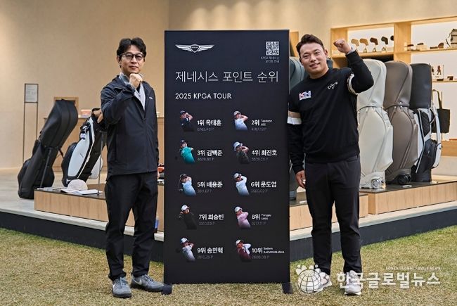 제네시스사업본부장 송민규 부사장(좌)이 이승택 선수의 PGA 투어 입성을 축하하며 제네시스 포인트 순위보드 앞에서 기념촬영을 하고 있다