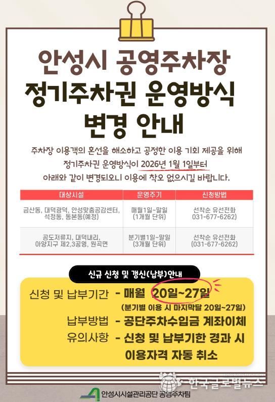 안성시 공영주차장, 정기주차권 ‘월 단위’ 도입 및 주차장별 맞춤 운영 개편