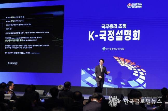 김민석 국무총리가 15일 광진구 비스타 워커힐 서울에서 열린 민주평통 초청 K-국정설명회에서 특별 강연을 하고 있다.