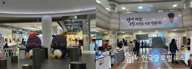 (좌) 다산 현대프리미엄아울렛에서 열린 지역 상생마켓 현장 (우) 시청 1청사 본관에서 열린 2026년 설 명절 직거래장터 현장