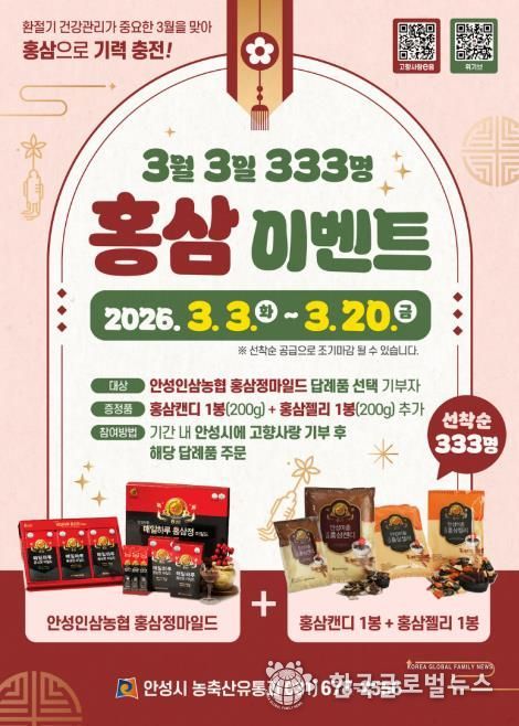 안성시, 고향사랑기부 ‘3월 3일 333명 홍삼’ 이벤트 추진
