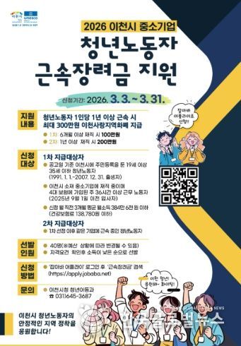 이천시, 2026년 상반기 중소기업 청년노동자 근속장려금 지원사업 참여자 모집
