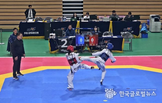 경주실내체육관에서 열린 ‘타슈켄트 2026 세계태권도청소년선수권대회 국가대표 선발전’에서 선수들이 겨루기 경기를 펼치고 있다.
