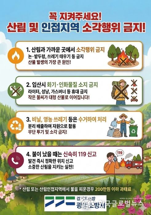 광명소방서, 산림 인접지역 소각행위 금지 당부… 봄철 부주의 화재예방 홍보 강화