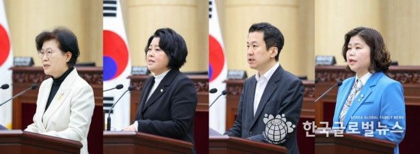 안산시의회가 8일 본회의장에서 제302회 임시회 제2차 본회의를 열고 시정질문과 5분 자유발언을 진행했다. 사진 왼쪽부터 이날 시정질문에 임한 박은경 의원과 5분 자유발언에 나선 김진숙 송바우나 박은정 의원의 모습.